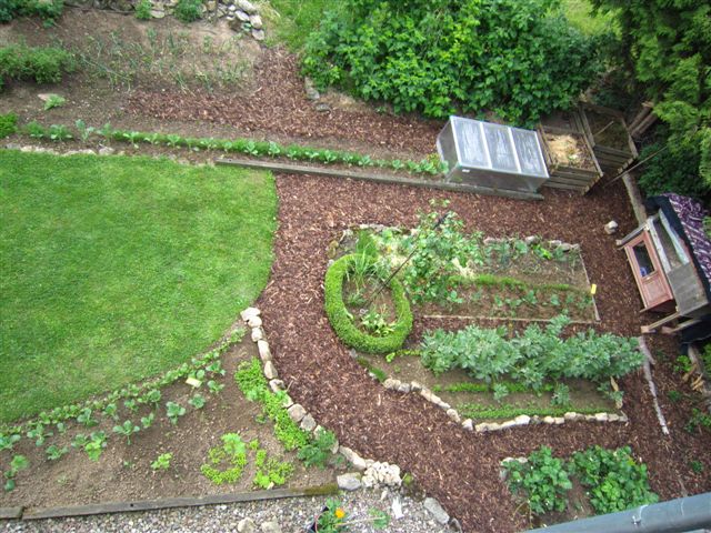 das ehemalige Teichloch, aufgefüllt jetzt Gemüsebeete, Komposte daneben auf einem Ex-Schuttwall Himbeeren