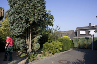 Blick von der Straße (Osten), links oben ist der Balkon zu erkennen und der Einfall der Sonne morgens