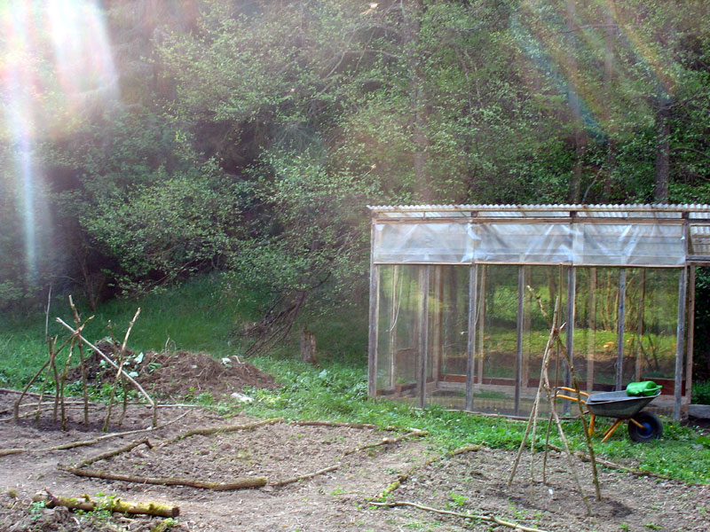 Das Gewächshaus ist nun gewienert und abgedichtet. Morgen ziehen hier Tomaten und Gurken ein. Davor links die Rankhilfe für die Zuckererbsen, rechts im Kräuter und Salatbeet wohnt nun auch Erbse Riese von Meldbourne.